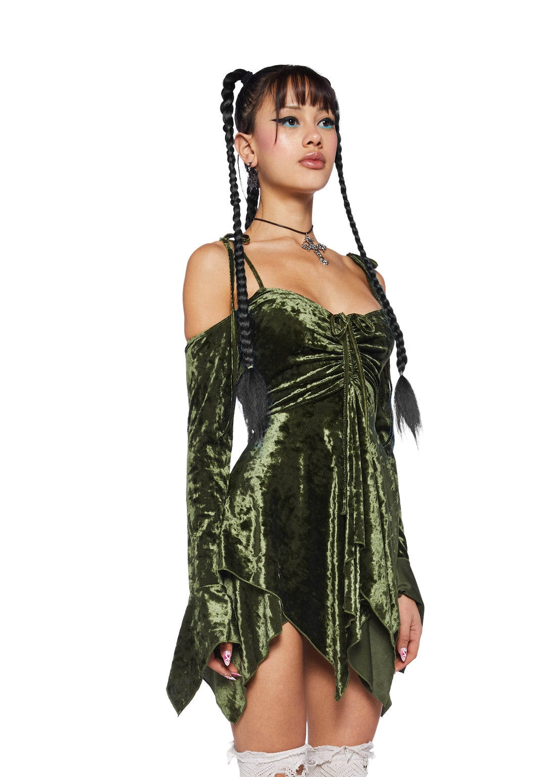 Current Mood Off The Shoulder Handkerchief Velvet Mini Dress - Green - Image 4