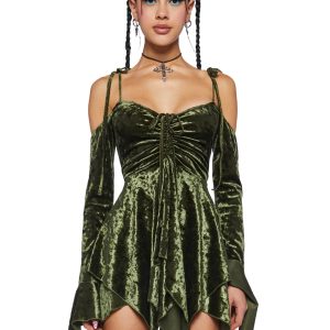 Current Mood Off The Shoulder Handkerchief Velvet Mini Dress - Green