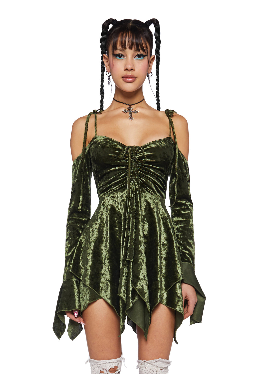 Current Mood Off The Shoulder Handkerchief Velvet Mini Dress - Green
