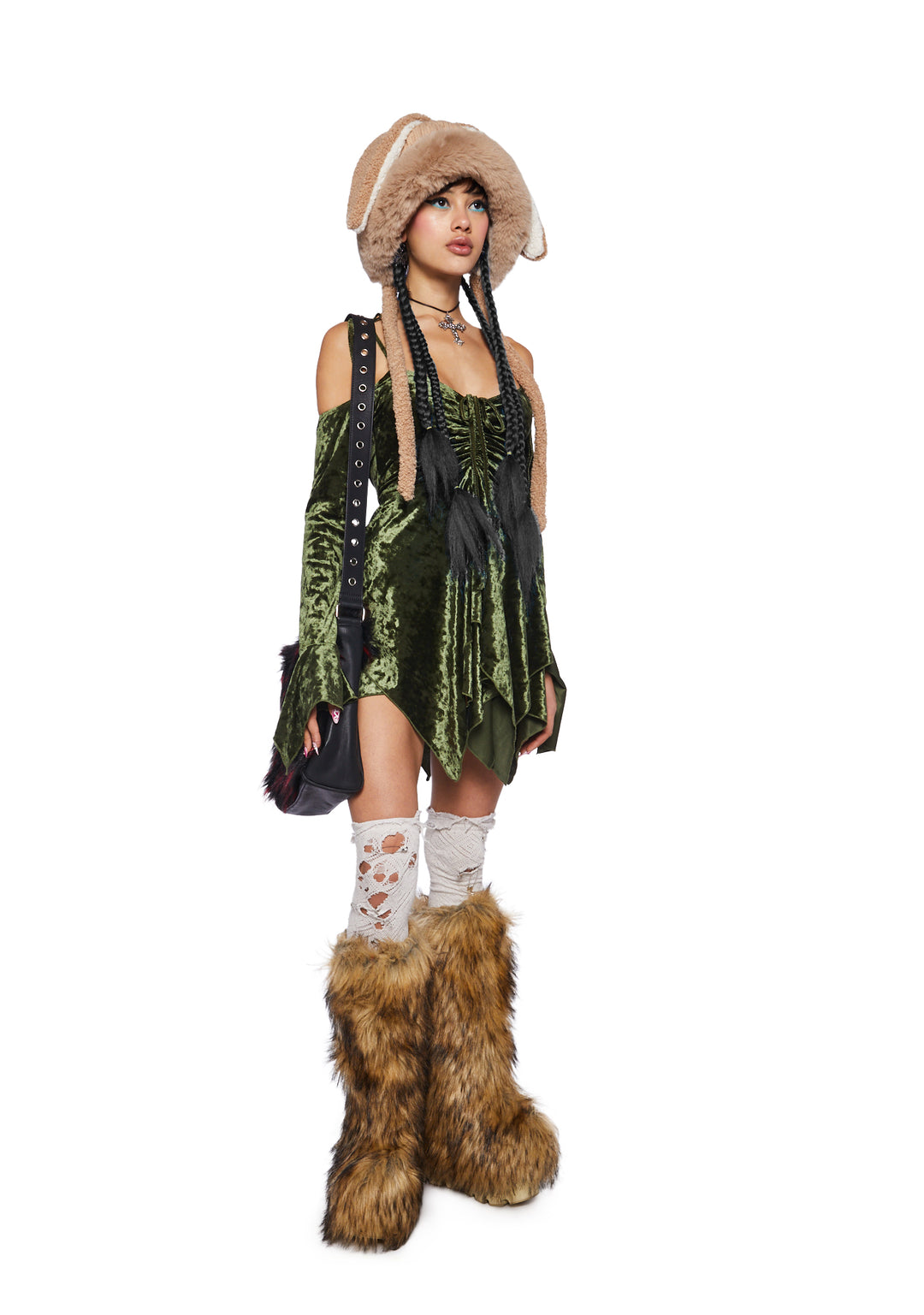 Current Mood Off The Shoulder Handkerchief Velvet Mini Dress - Green - Image 2