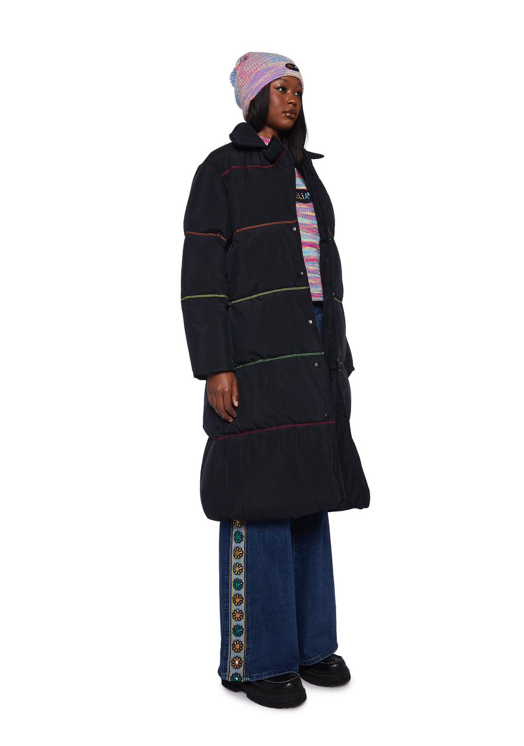 Delia's Contrast Stitched Puffer Coat - Black - Image 3