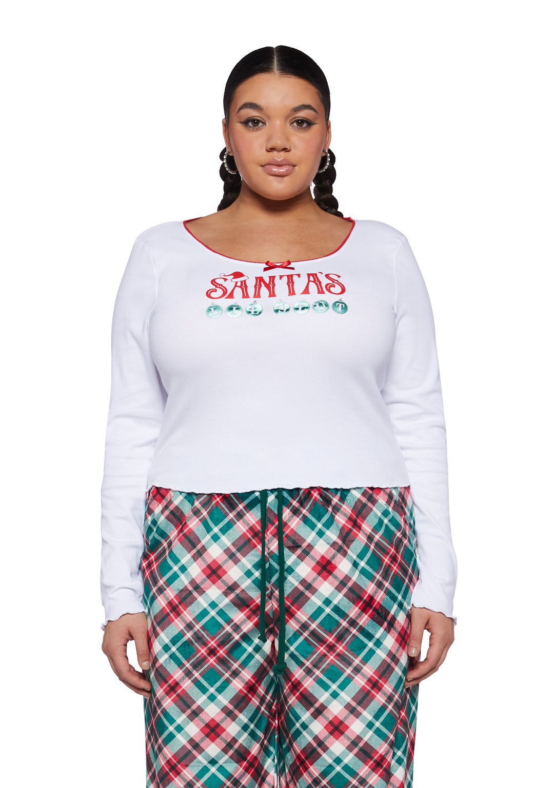 Plus Size Sugar Thrillz Santa's Lil Slut Long Sleeve Tee - White