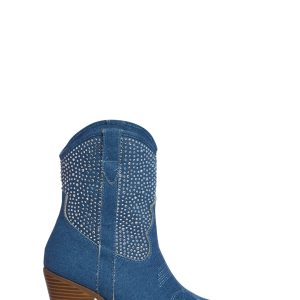 Denim Rhinestone Cowboy Western Boots - Blue