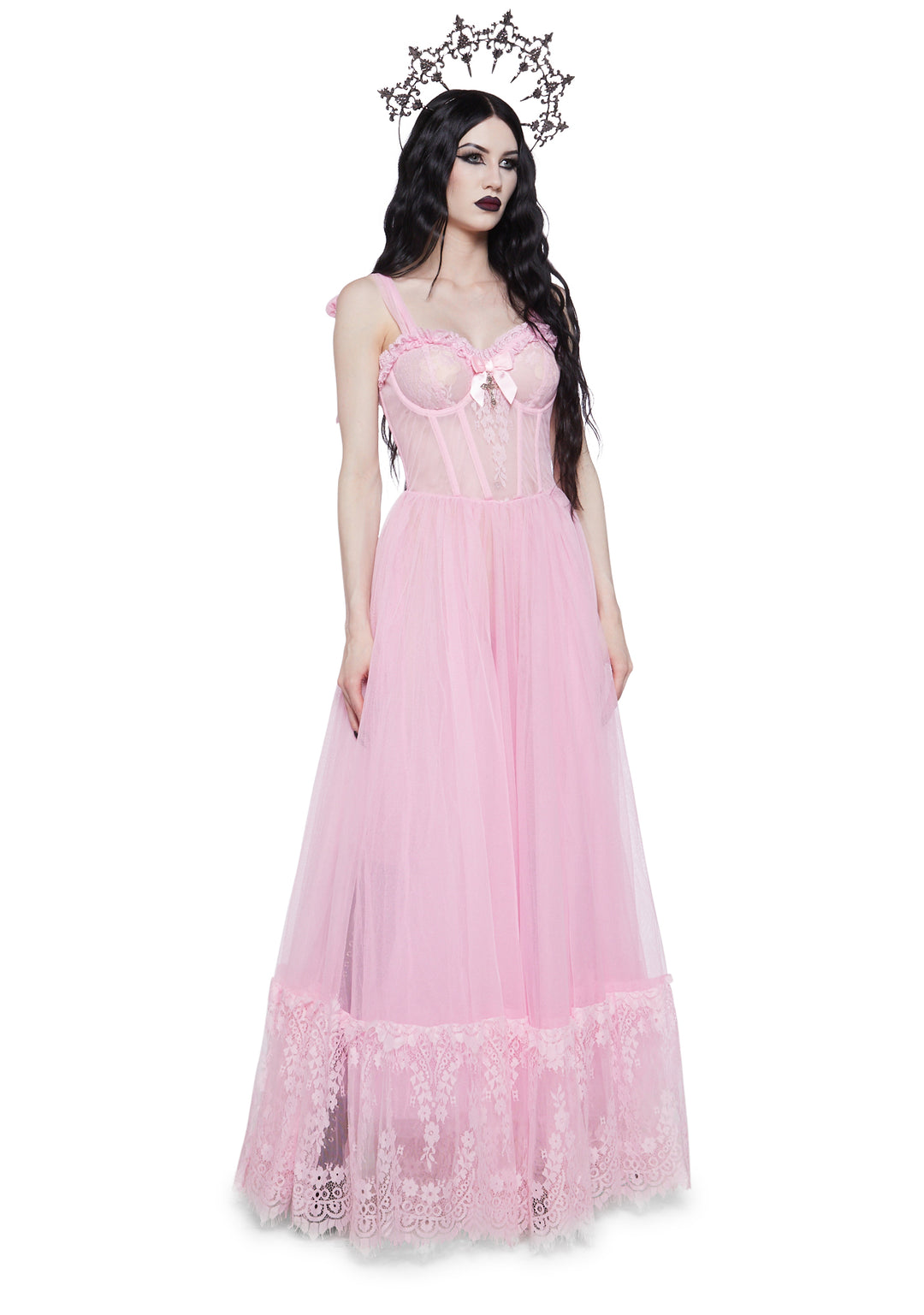 Widow Gothic Lace Bustier Sleeveless Maxi Dress - Pink - Image 2