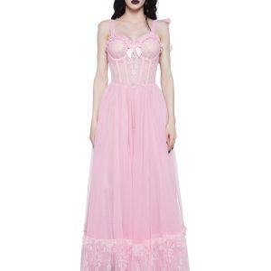 Widow Gothic Lace Bustier Sleeveless Maxi Dress - Pink