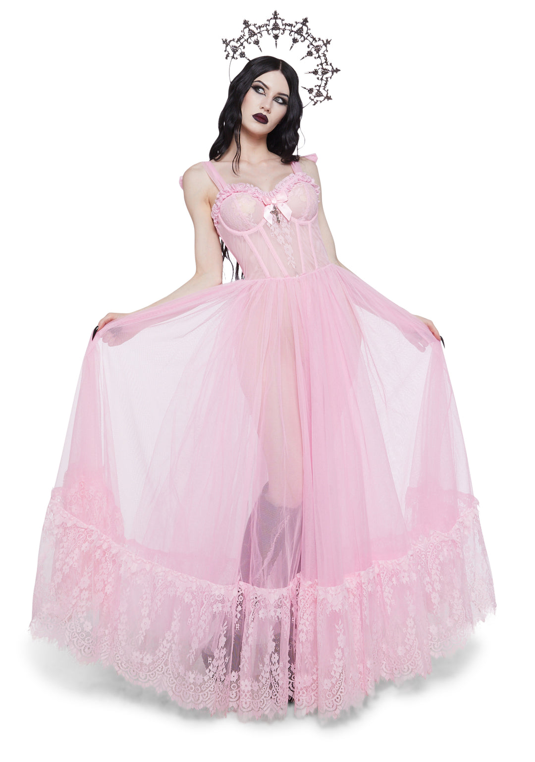 Widow Gothic Lace Bustier Sleeveless Maxi Dress - Pink - Image 5