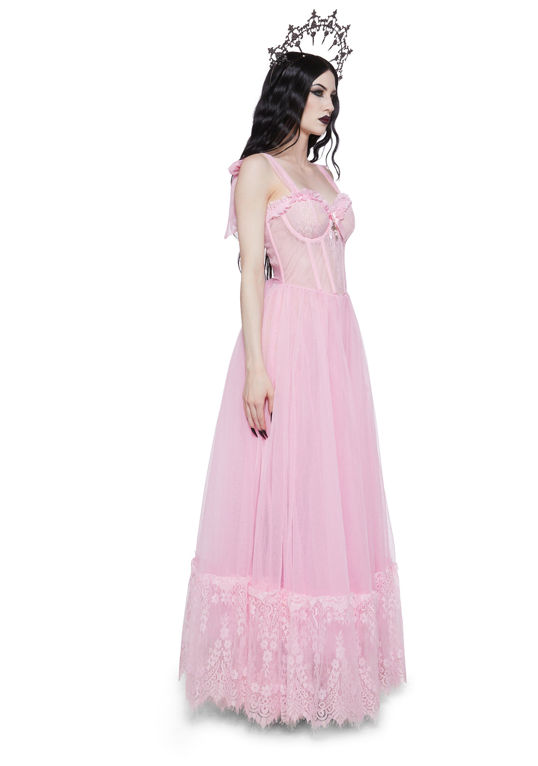 Widow Gothic Lace Bustier Sleeveless Maxi Dress - Pink - Image 3