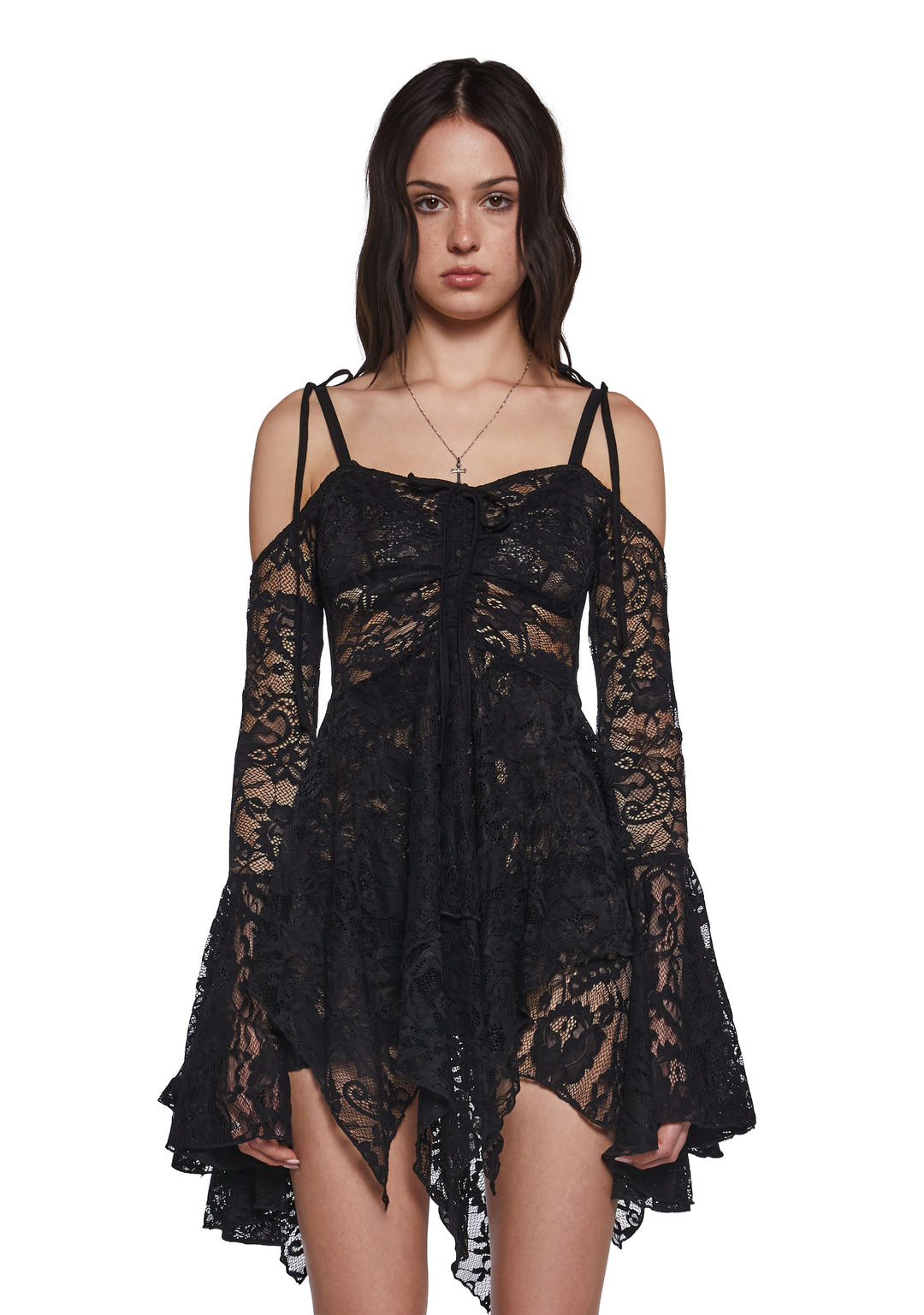 Widow Off The Shoulder Handkerchief Lace Mini Dress - Black