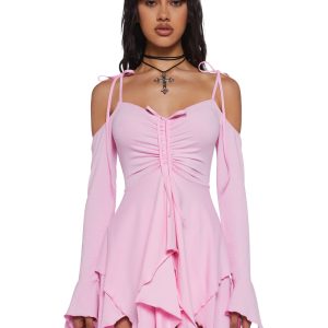 Current Mood Off The Shoulder Handkerchief Mini Dress - Pink