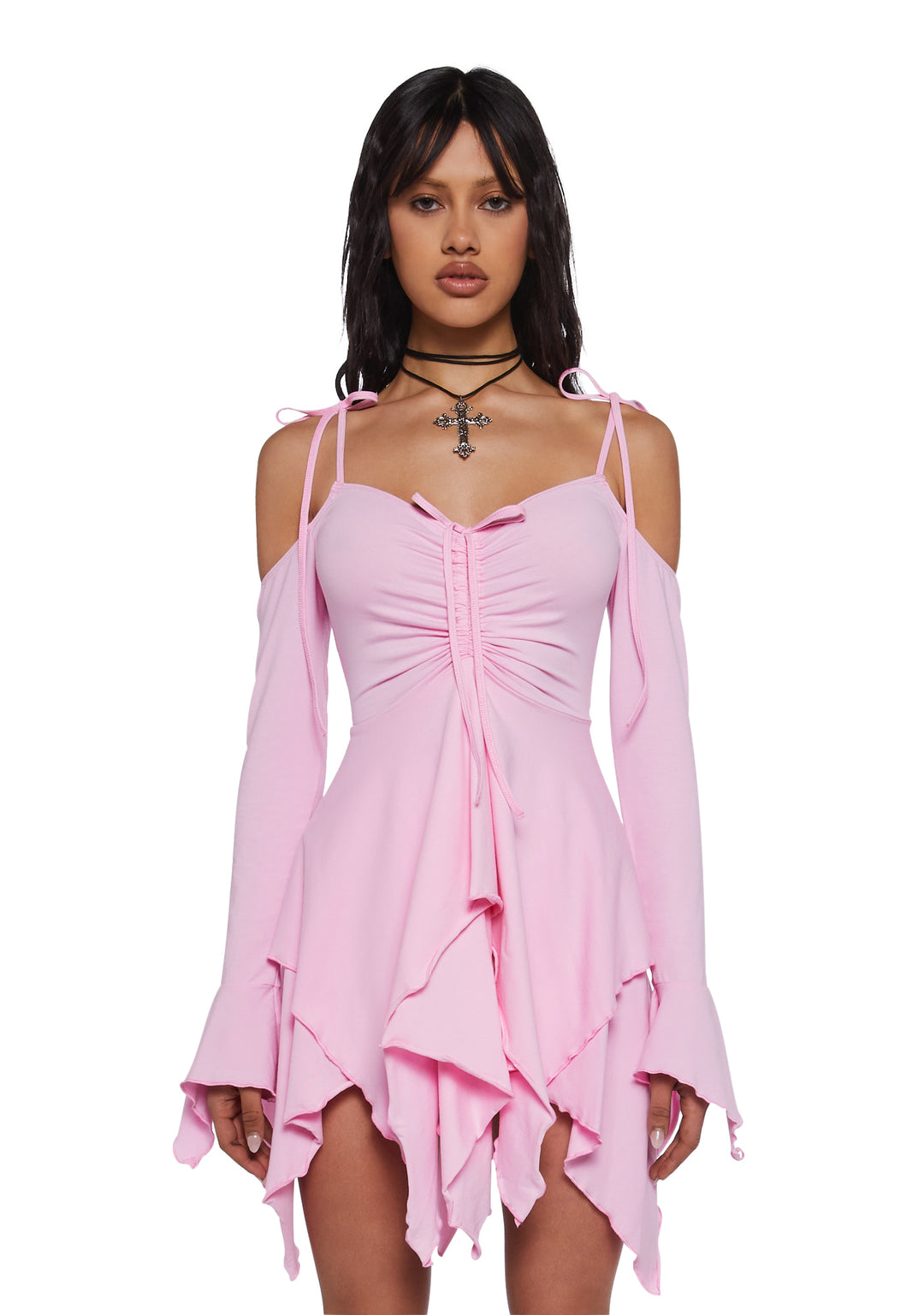 Current Mood Off The Shoulder Handkerchief Mini Dress - Pink