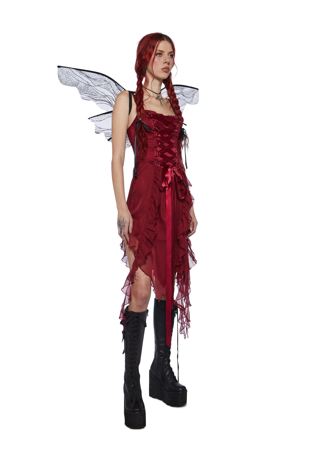 Current Mood Lace Up Ruffle Asymmetric Midi Dress - Burgundy - Image 6