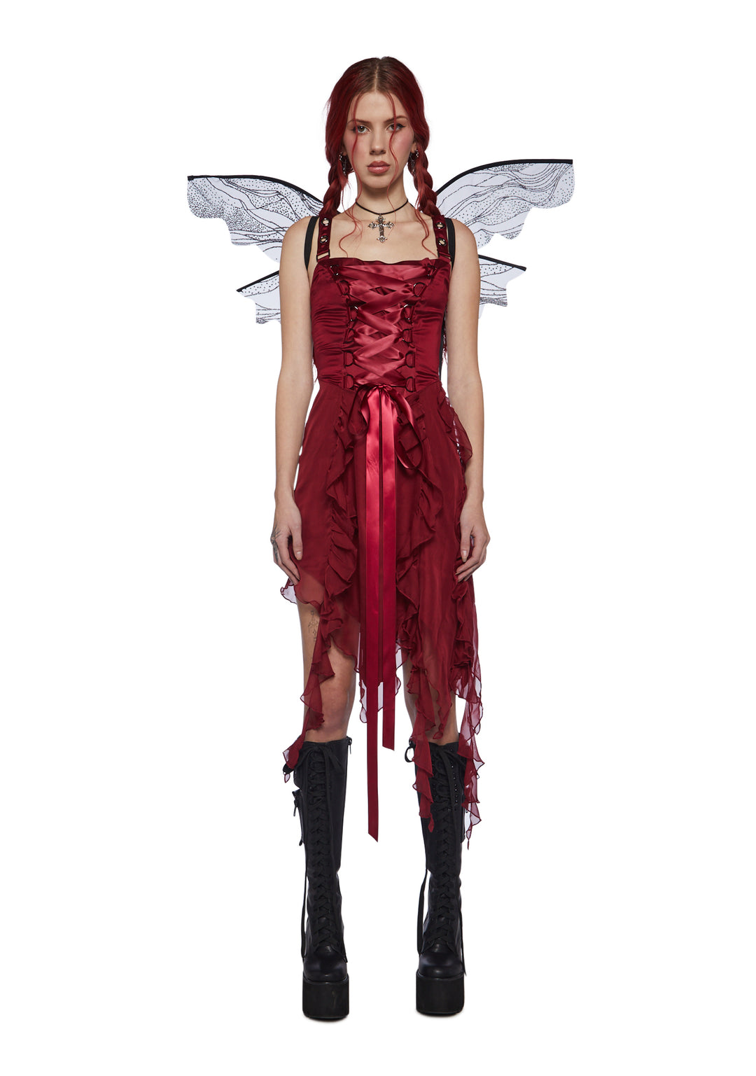 Current Mood Lace Up Ruffle Asymmetric Midi Dress - Burgundy - Image 5