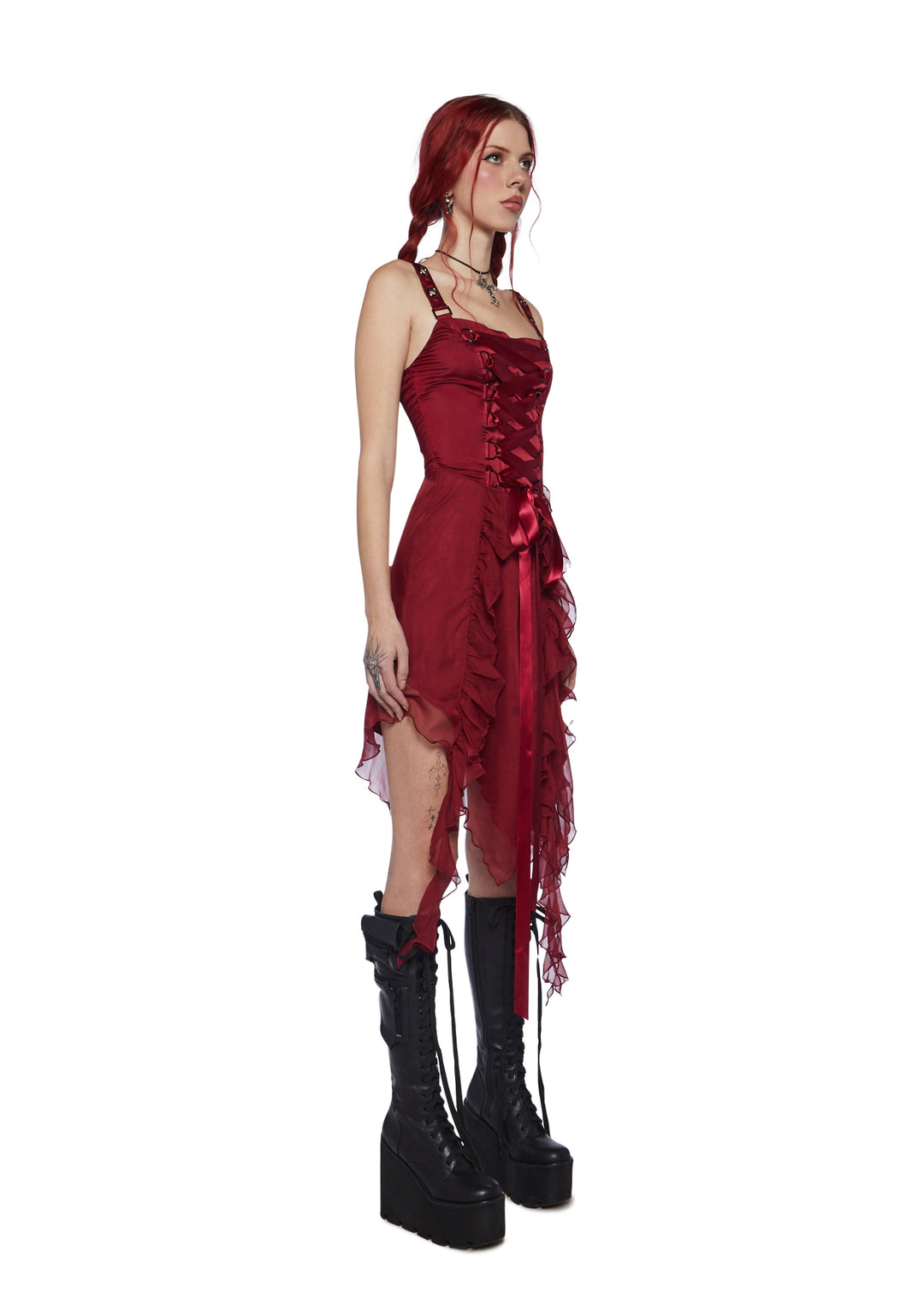 Current Mood Lace Up Ruffle Asymmetric Midi Dress - Burgundy - Image 3