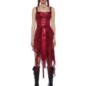 Current Mood Lace Up Ruffle Asymmetric Midi Dress - Burgundy