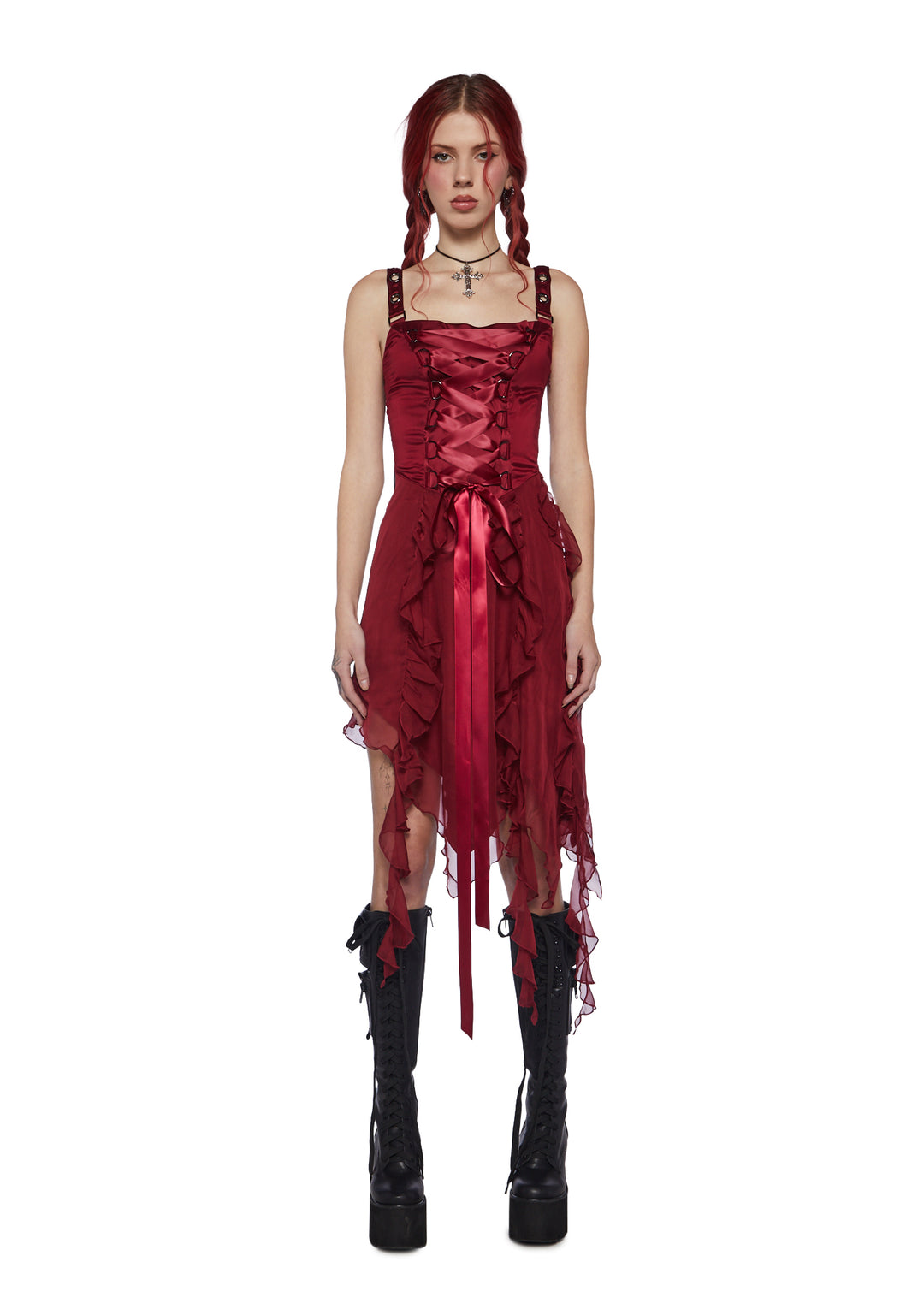 Current Mood Lace Up Ruffle Asymmetric Midi Dress - Burgundy