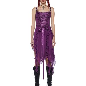 Current Mood Lace Up Ruffle Asymmetric Midi Dress - Purple