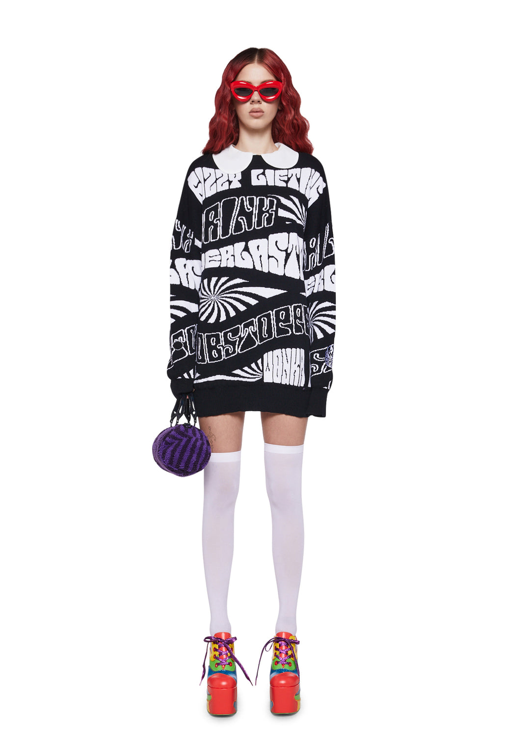 Dolls Kill x Willy Wonka Everlasting Gobstopper Trippy Intarsia Sweater - Black/White - Image 5