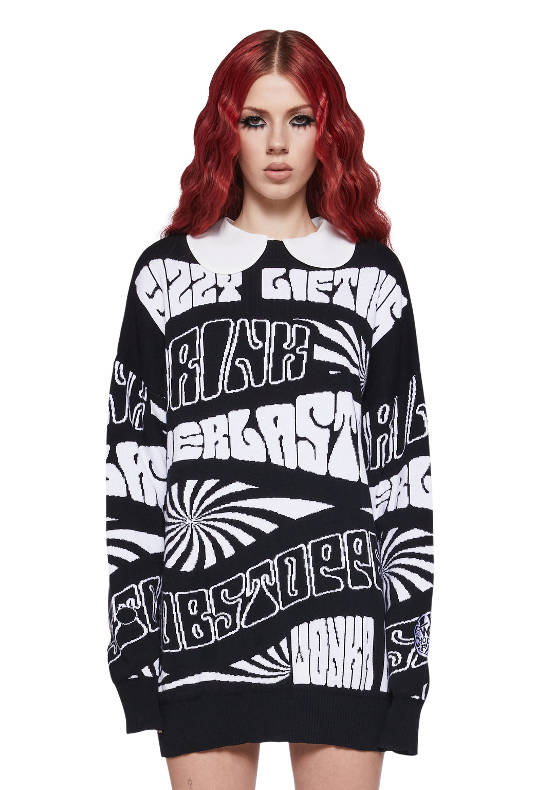 Dolls Kill x Willy Wonka Everlasting Gobstopper Trippy Intarsia Sweater - Black/White