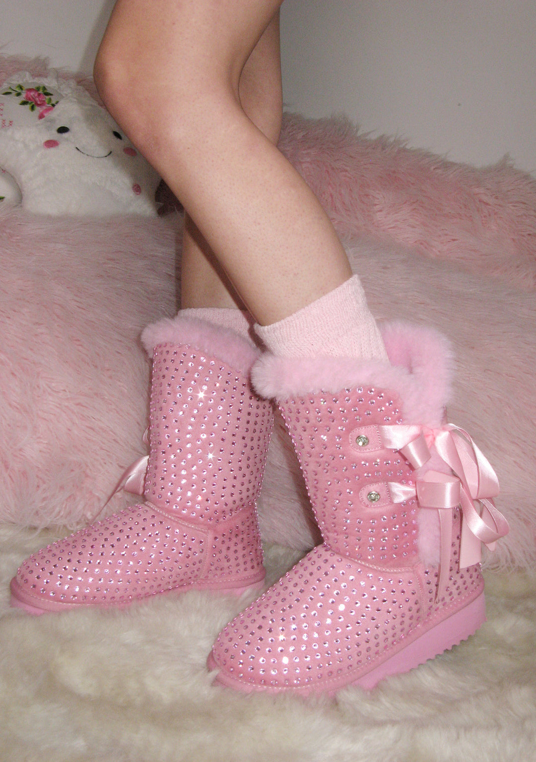 Sugar Thrillz Rhinestone Fur Trim Booties - Pink - Image 6
