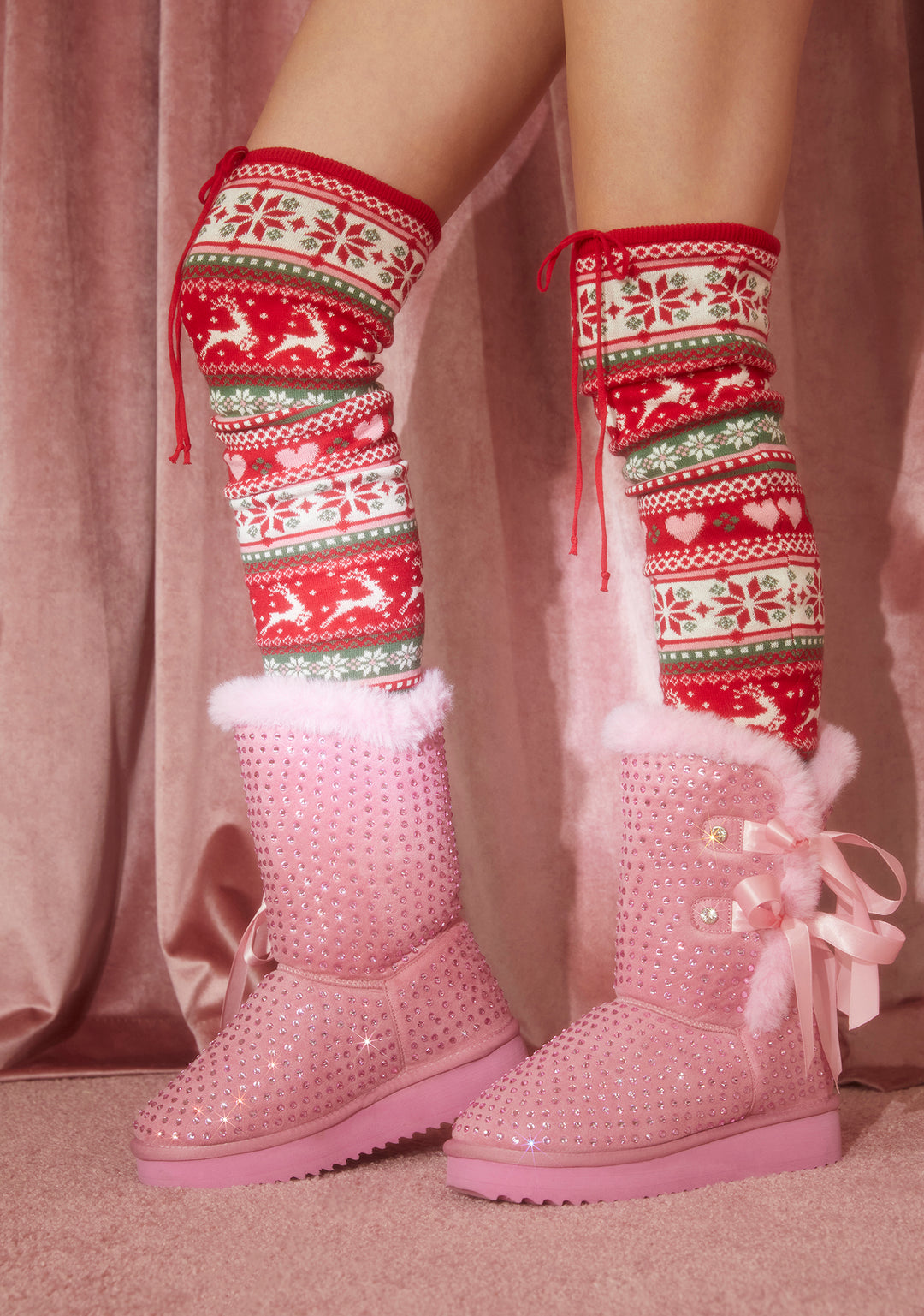 Sugar Thrillz Rhinestone Fur Trim Booties - Pink - Image 5