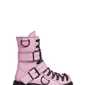 Club Exx Buckle D Ring Lace Up Combat Boots - Pink