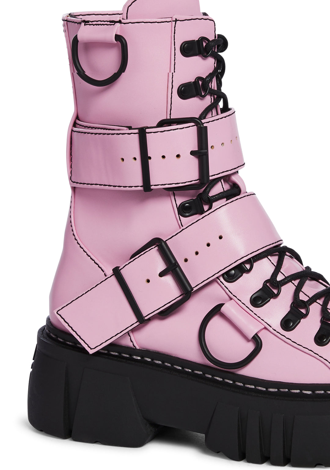 Club Exx Buckle D Ring Lace Up Combat Boots - Pink - Image 2