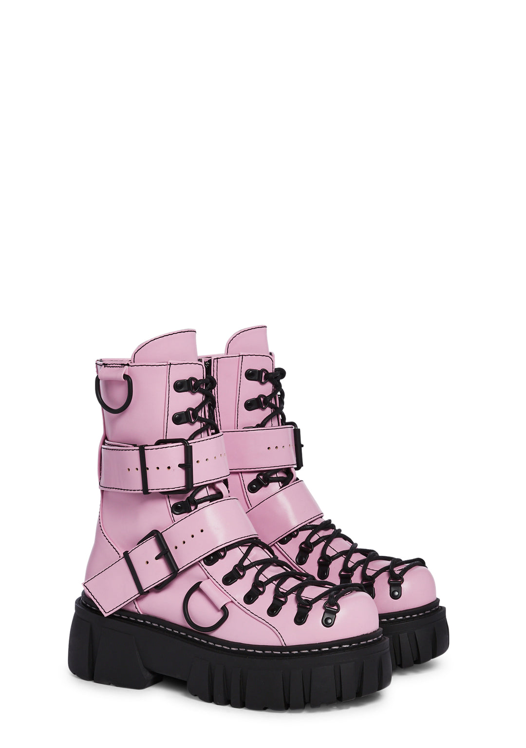 Club Exx Buckle D Ring Lace Up Combat Boots - Pink - Image 3