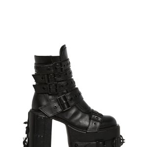Womens Vegan Leather Buckle Boots With Zip Ups Widow - Black