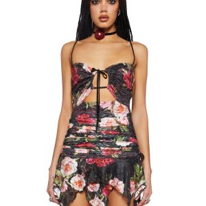 Current Mood Shirred Mesh Overlay Mini Dress With Handkerchief Hem - Multi