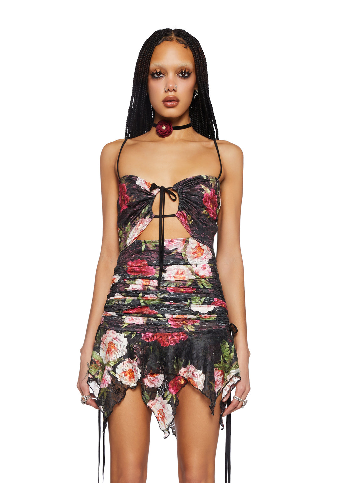 Current Mood Shirred Mesh Overlay Mini Dress With Handkerchief Hem - Multi