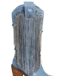 Sugar Thrillz Rhinestone Fringe Cowboy Boots - White