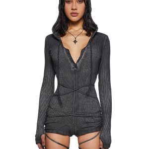 Darker Wavs Washed Ribbed Long Sleeve Racerback Romper - Black