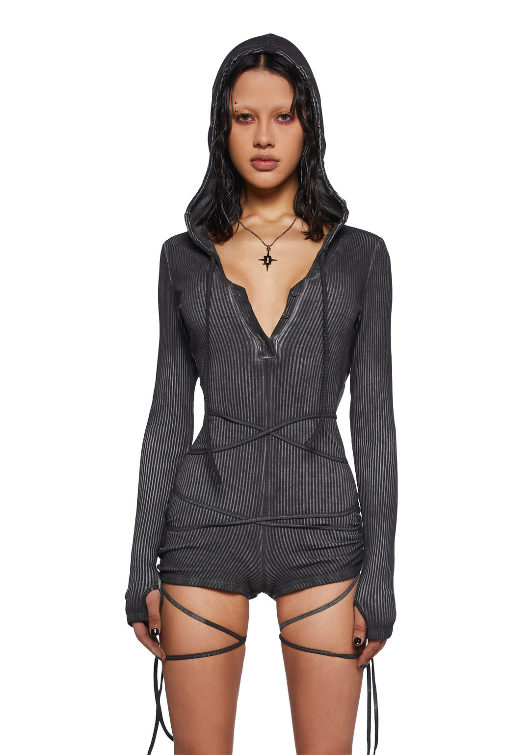 Darker Wavs Washed Ribbed Long Sleeve Racerback Romper - Black