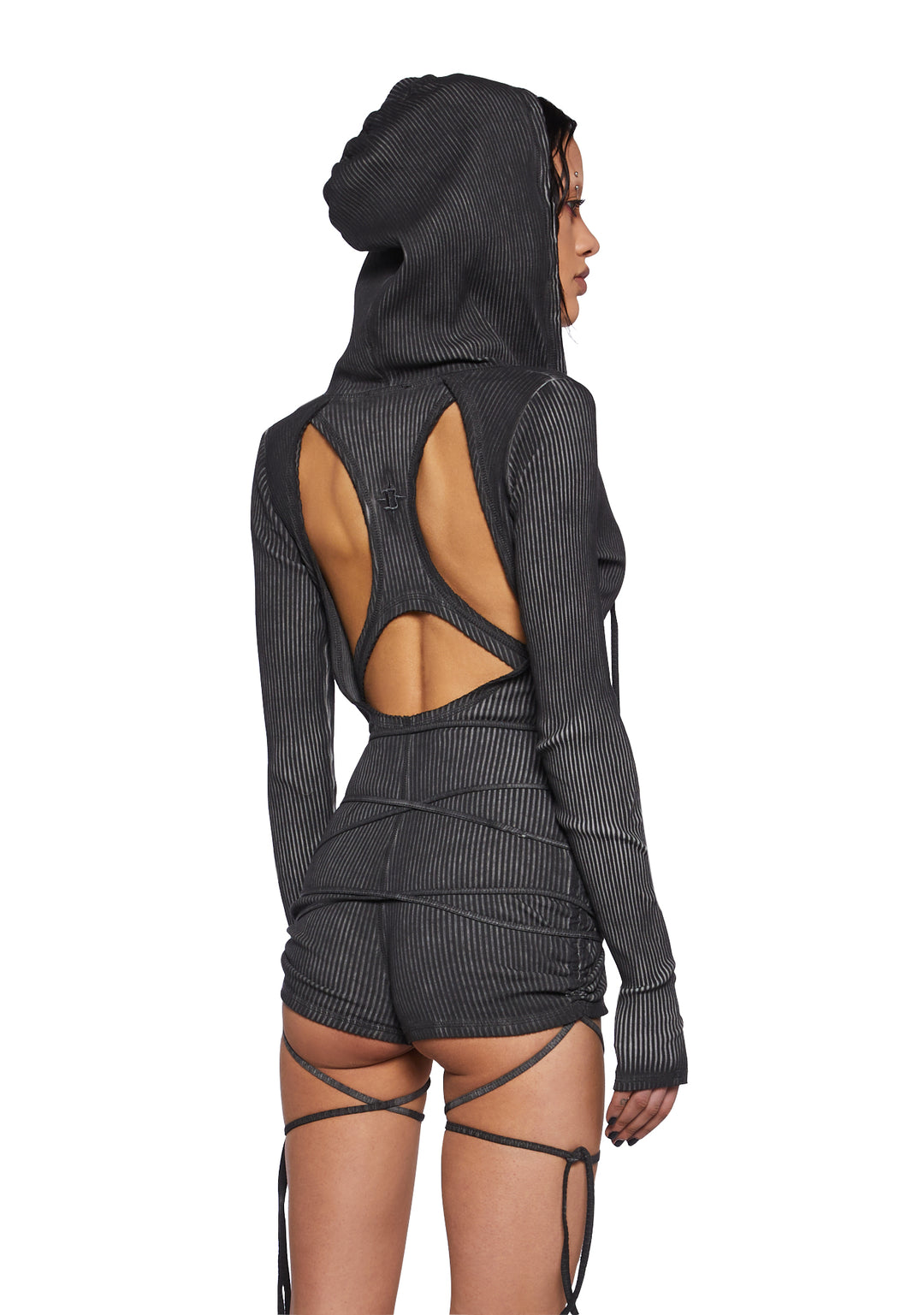 Darker Wavs Washed Ribbed Long Sleeve Racerback Romper - Black - Image 4