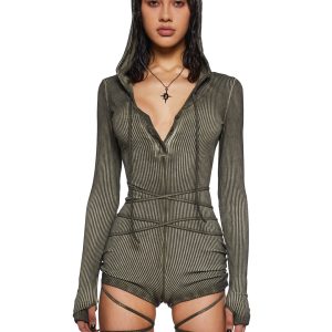 Darker Wavs Washed Ribbed Long Sleeve Racerback Romper - Green