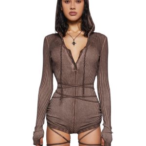 Darker Wavs Washed Ribbed Long Sleeve Racerback Romper - Brown