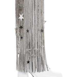 Sugar Thrillz Vegan Leather Go Go Boots With Rhinestone Star Fringe Cowboy Western - White