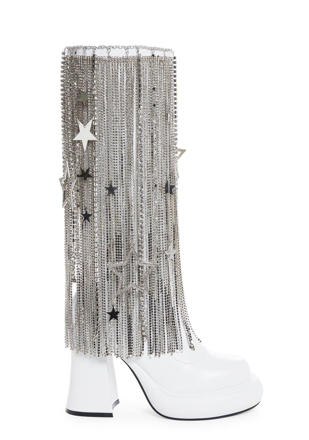 Sugar Thrillz Vegan Leather Go Go Boots With Rhinestone Star Fringe Cowboy Western - White