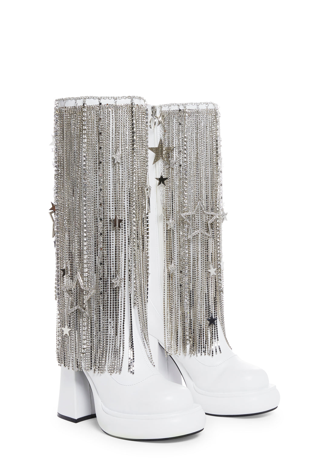 Sugar Thrillz Vegan Leather Go Go Boots With Rhinestone Star Fringe Cowboy Western - White - Image 3