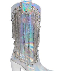 Sugar Thrillz Rhinestone Fringe Cowboy Boots - White