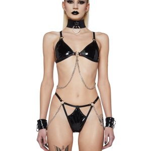 Widow PVC Bra And Panties With Chain - Black