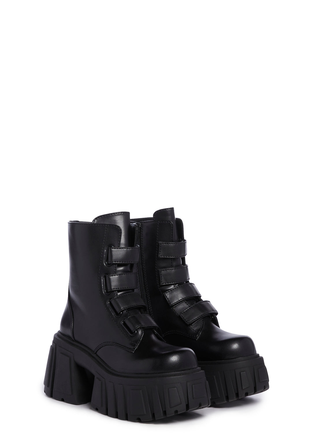 Club Exx Vegan Leather Velcro Zip Up Combat Platform Boots - Black - Image 3