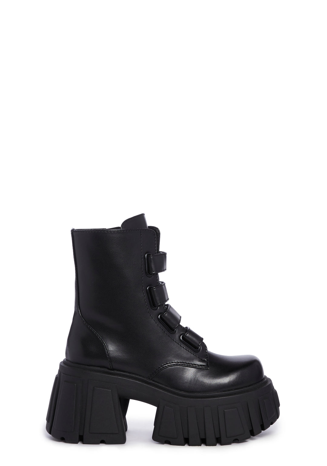 Club Exx Vegan Leather Velcro Zip Up Combat Platform Boots - Black
