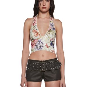 Current Mood Floral Fairy Lace Halter Crop Top - Multi