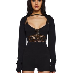 Current Mood Crochet Romper And Shrug Set- Black