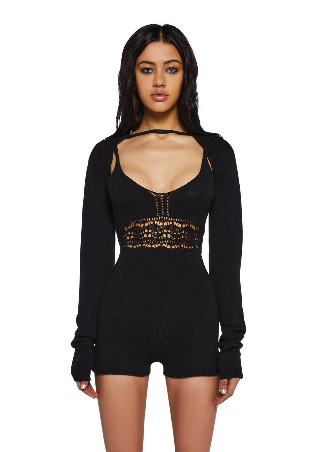 Current Mood Crochet Romper And Shrug Set- Black