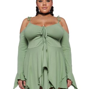 Plus Size Current Mood Off The Shoulder Handkerchief Mini Dress - Green