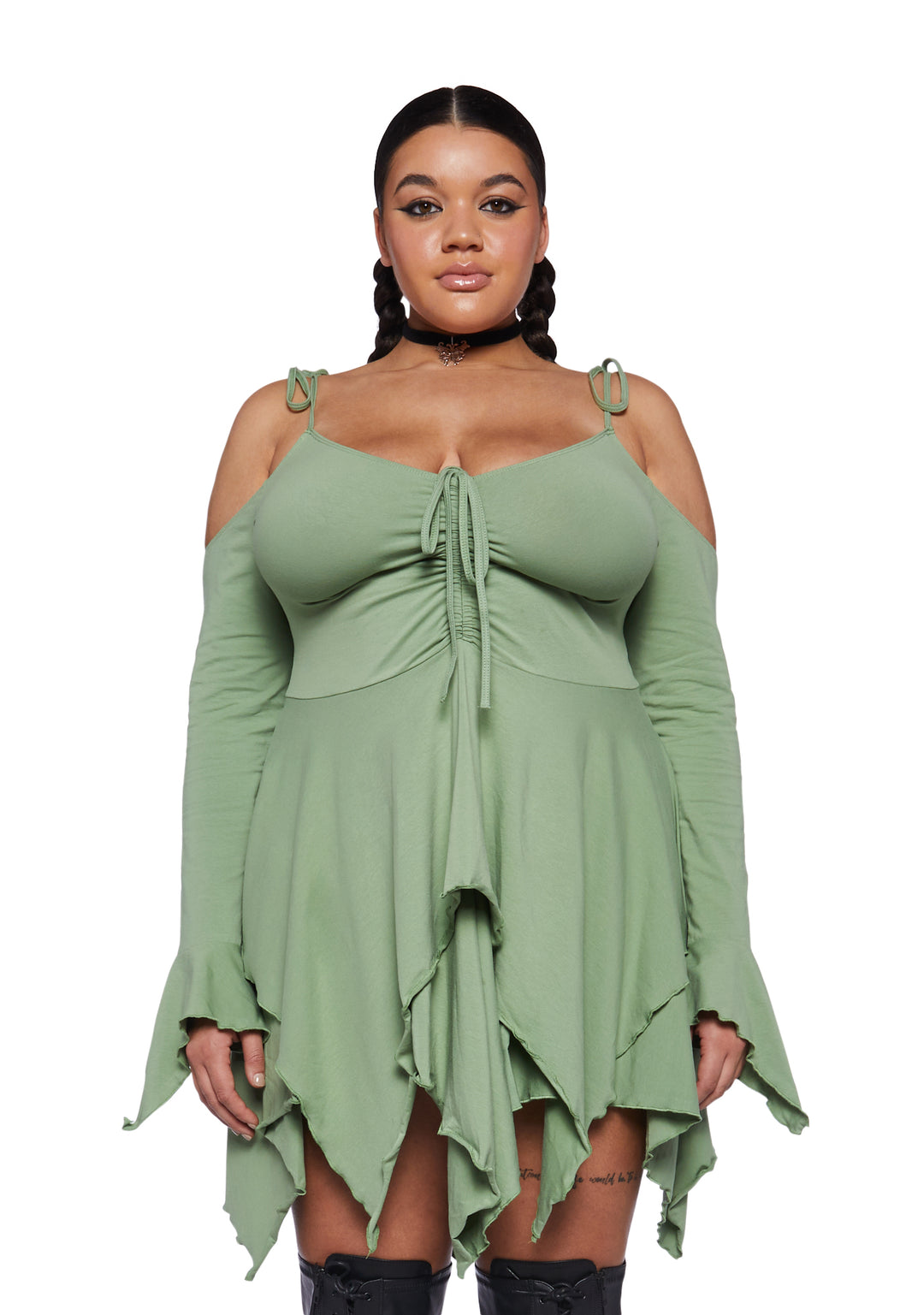 Plus Size Current Mood Off The Shoulder Handkerchief Mini Dress - Green