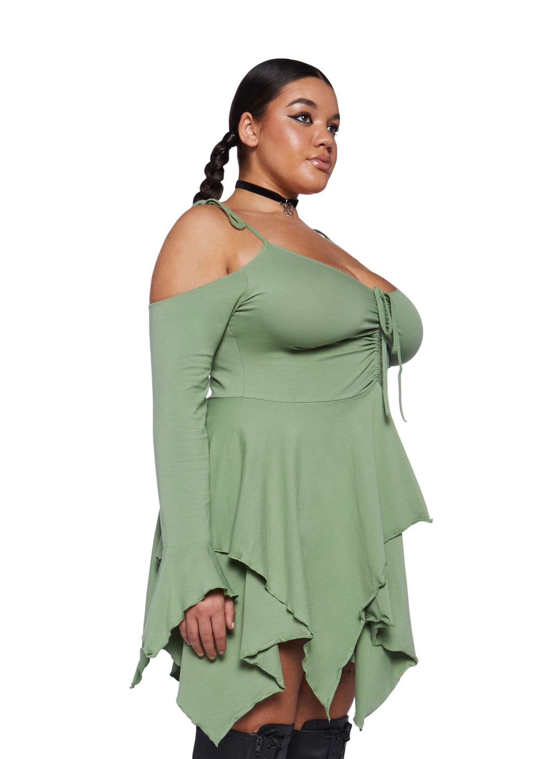 Plus Size Current Mood Off The Shoulder Handkerchief Mini Dress - Green - Image 4