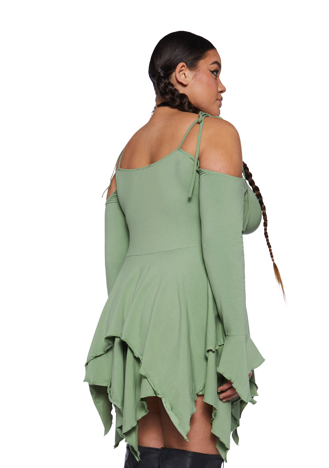 Plus Size Current Mood Off The Shoulder Handkerchief Mini Dress - Green - Image 3